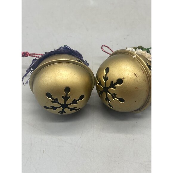 vintage Christmas set of 2 bells ornaments gold floral hand made snowflake READ - Picture 4 of 4